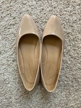 Patent Pointed-Toe Ballet Flats in Nude